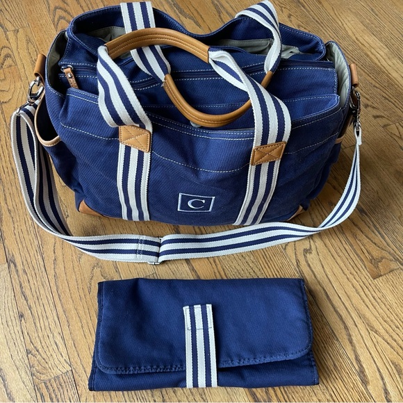 Pottery Barn Kids Handbags - Pottery Barn Kids Classic Diaper Bag Navy Blue with Leather Trim Monogram C